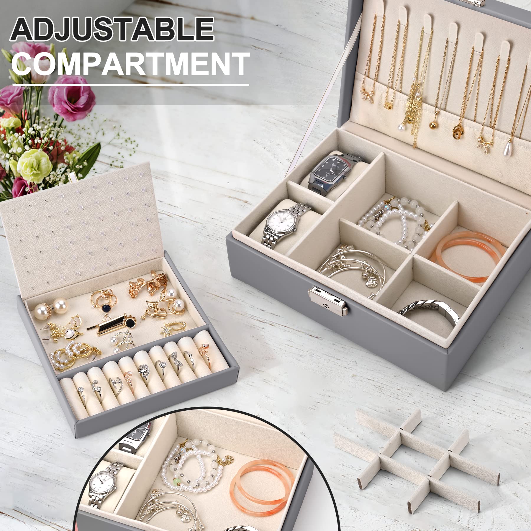TENXSNUG Porta Gioielli Donna Ragazza, Scatole Portagioie Grande in Pelle PU a 2 Strati, Organizer Gioielli Bloccabile Cofanetto Portagioielli per Collane Orecchini Bracciali Anelli Orologi, Grigio