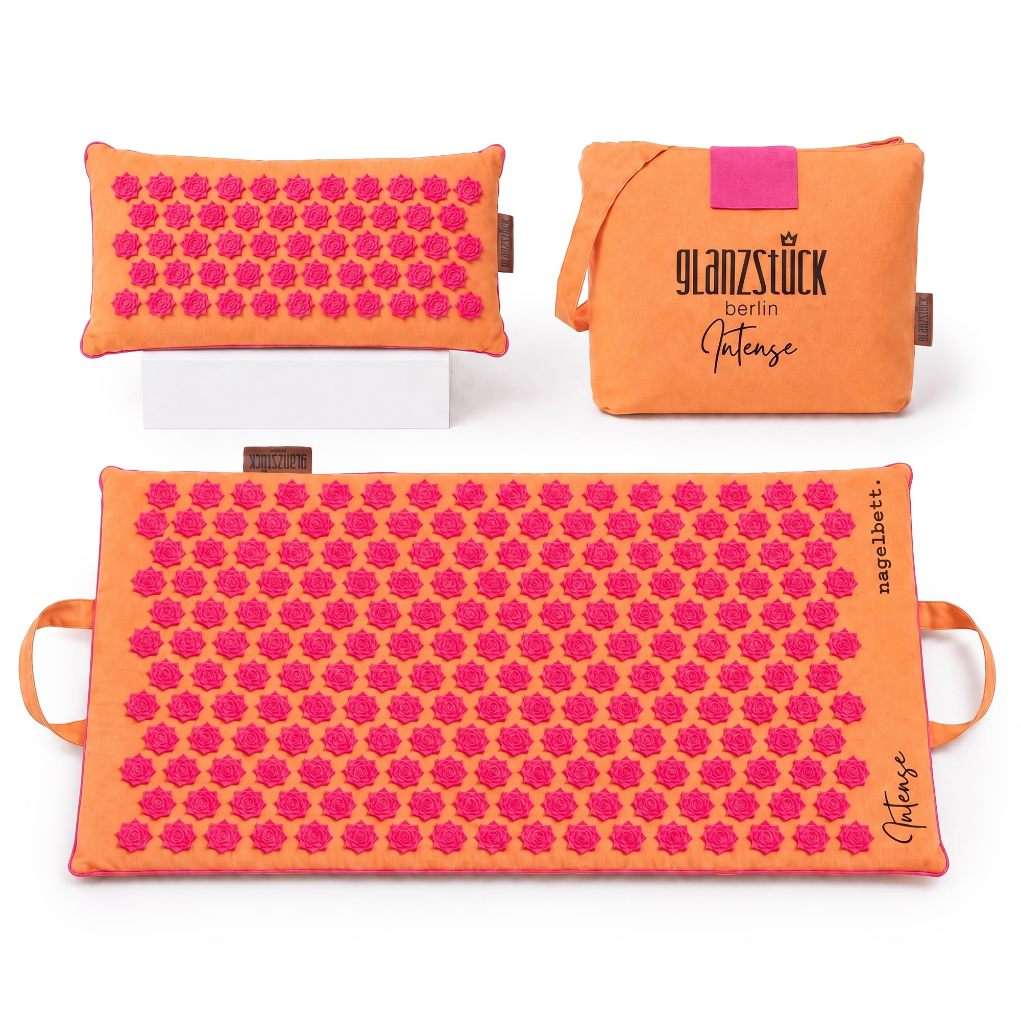 Glanzstück Berlin® Health Collection - Tapis d'acupression XL Intense Color en lin - Aide à soulager les tensions et les maux de dos - Tapis de massage avec coussin (fonction chauffe) et sac - Durable