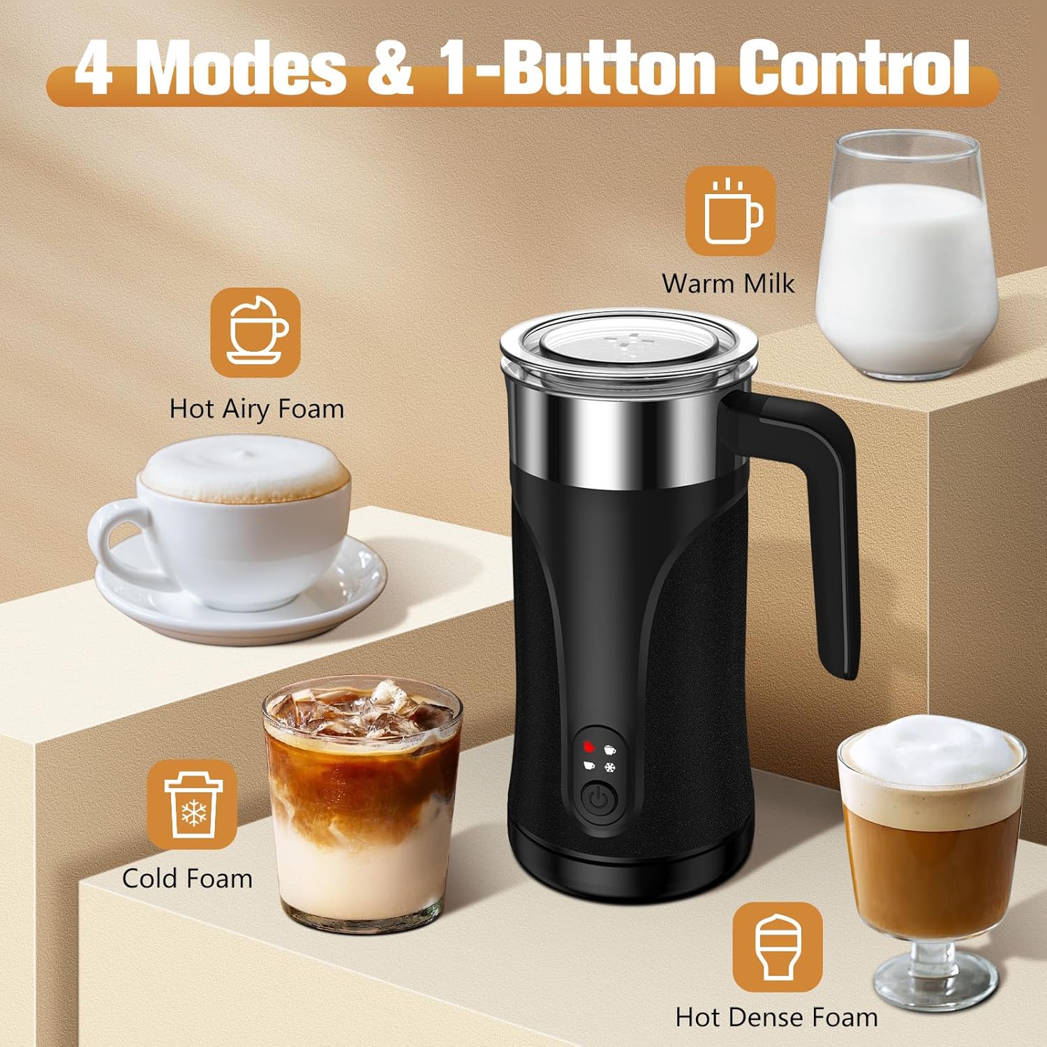 Milk Frother, 4-in-1 Milk Frother and Steamer, 10.1oz/300ml One-Touch Hot & Cold Foam Maker, Auto Shut-Off, Milk Warmer and Coffee Frother for Lattes, Cappuccino, Macchiato(Black)