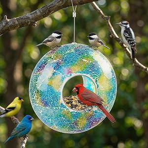 Topadorn Fly-Through Bird Feeder 9-Inch Hanging Green Mosaic Glass Circle for Outdoor Garden Wild Birds