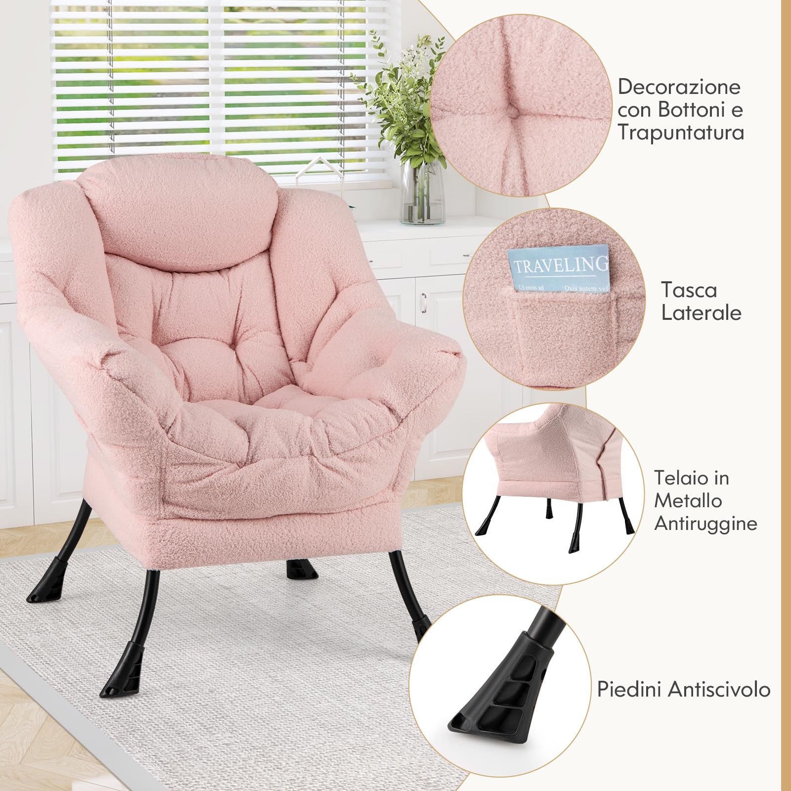 COSTWAY Poltrona Relax, Poltrona da Lettura con Cuscino, Elegante con Schienale e Seduta Imbottiti, Braccioli e Tasca di Stoccaggio, Portata 150 kg (Senza Pouf, Cashmere Rosa)