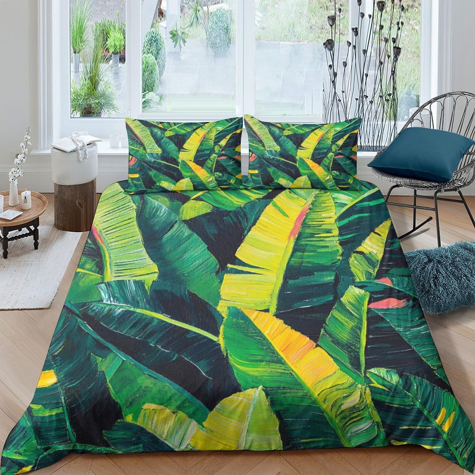Ctjqhvkz Style-9 3D Printed Tropical Banana Leaf Fitted Sheet Microfiber Green Yellow Mattress Cover Anti-Slip Bedroom Decor Easy Care Single（135X200cm）