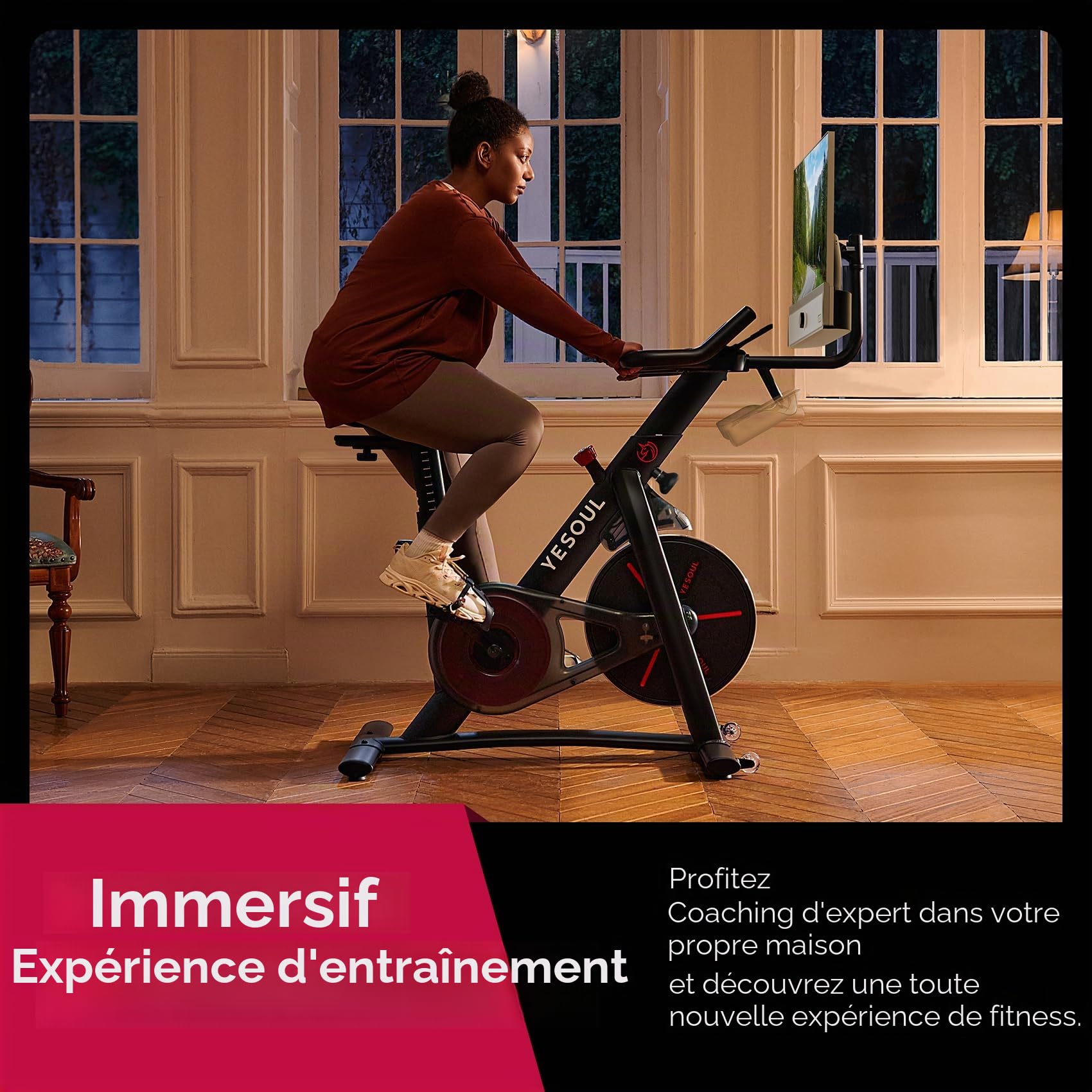 YESOUL G1M Plus Vélo d'appartement magnétique silencieux écran FHD 21,5 pouces son 360° vélo de fitness