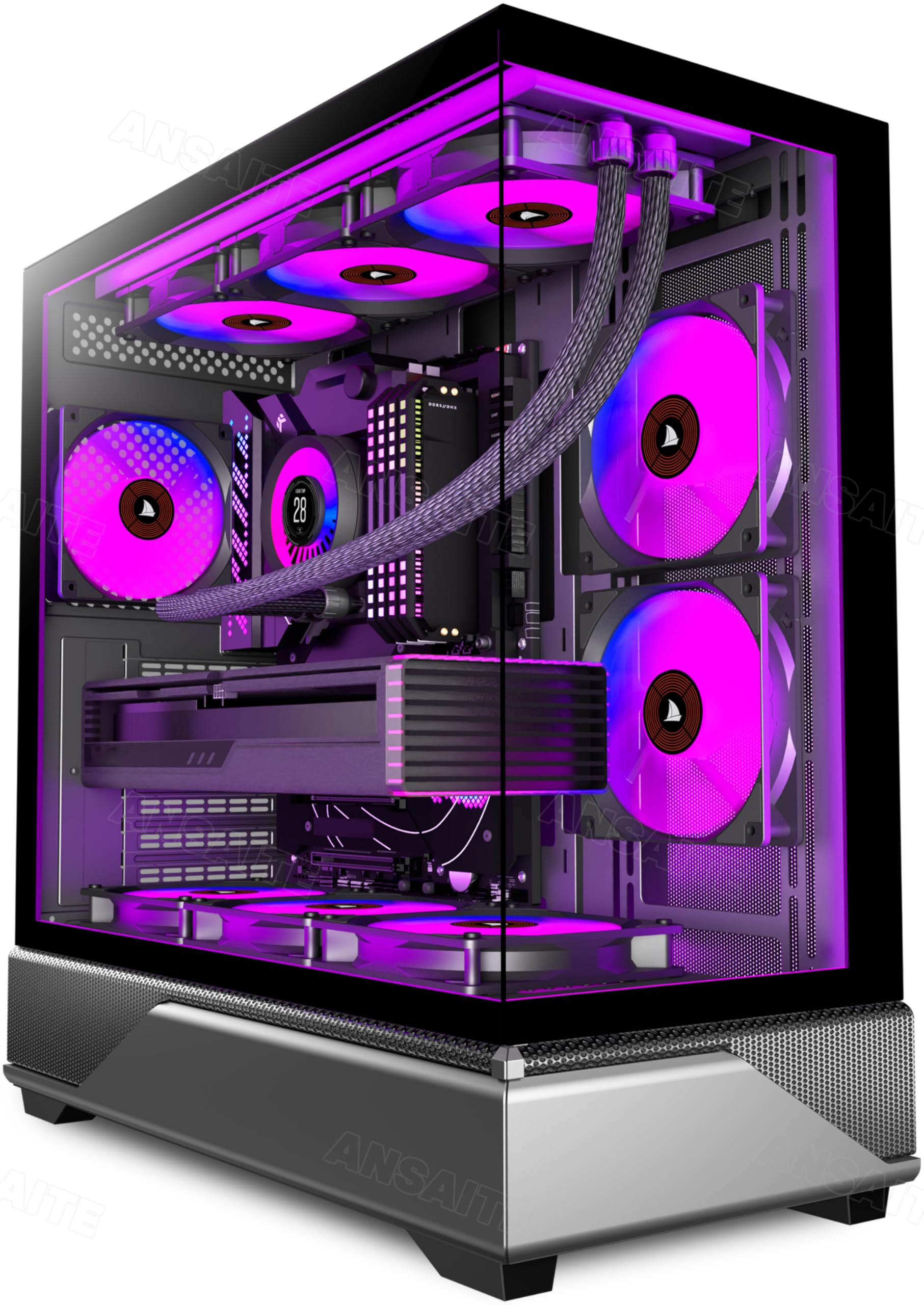 ANSAITE ATX PC-Gehäuse 6×120 mm ARGB PWM-Lüfter vorinstalliert ，Mid-Tower Gaming PC-Gehäuse, Panorama-Gehärtetes Glas Schwarz Computer-Gehäuse mit Typ-C, 360mm Radiator Unterstützung (Schwarz)