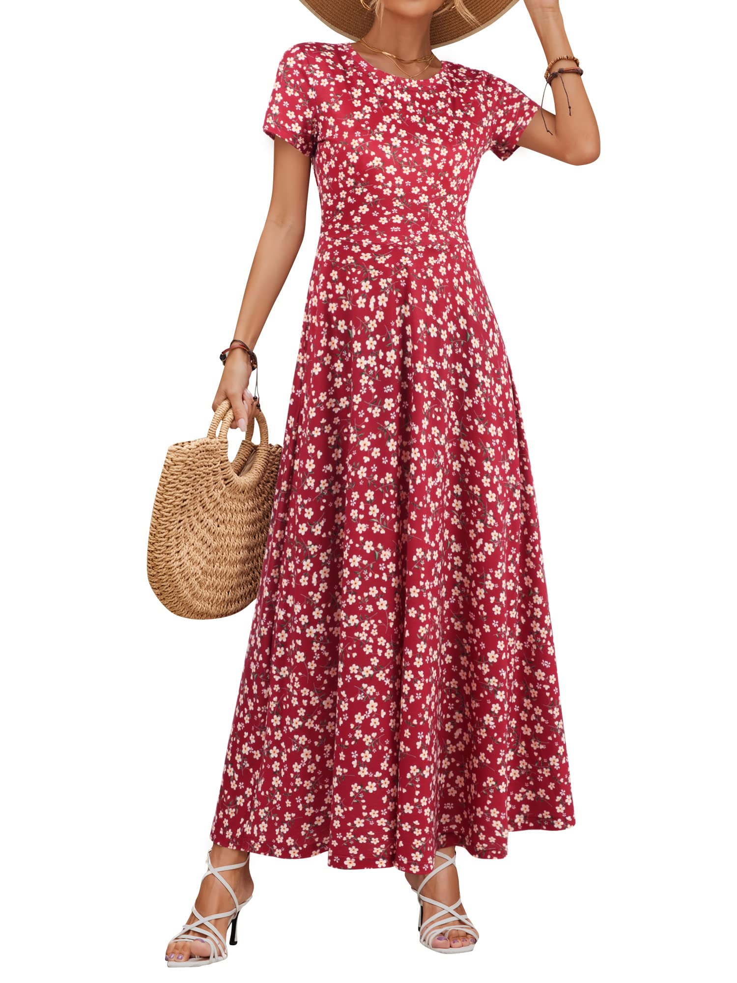 ZABERRY Women's 2024 Short Sleeve Round Neck Casual Summer Flowy Maxi Spring Dresses with Pockets