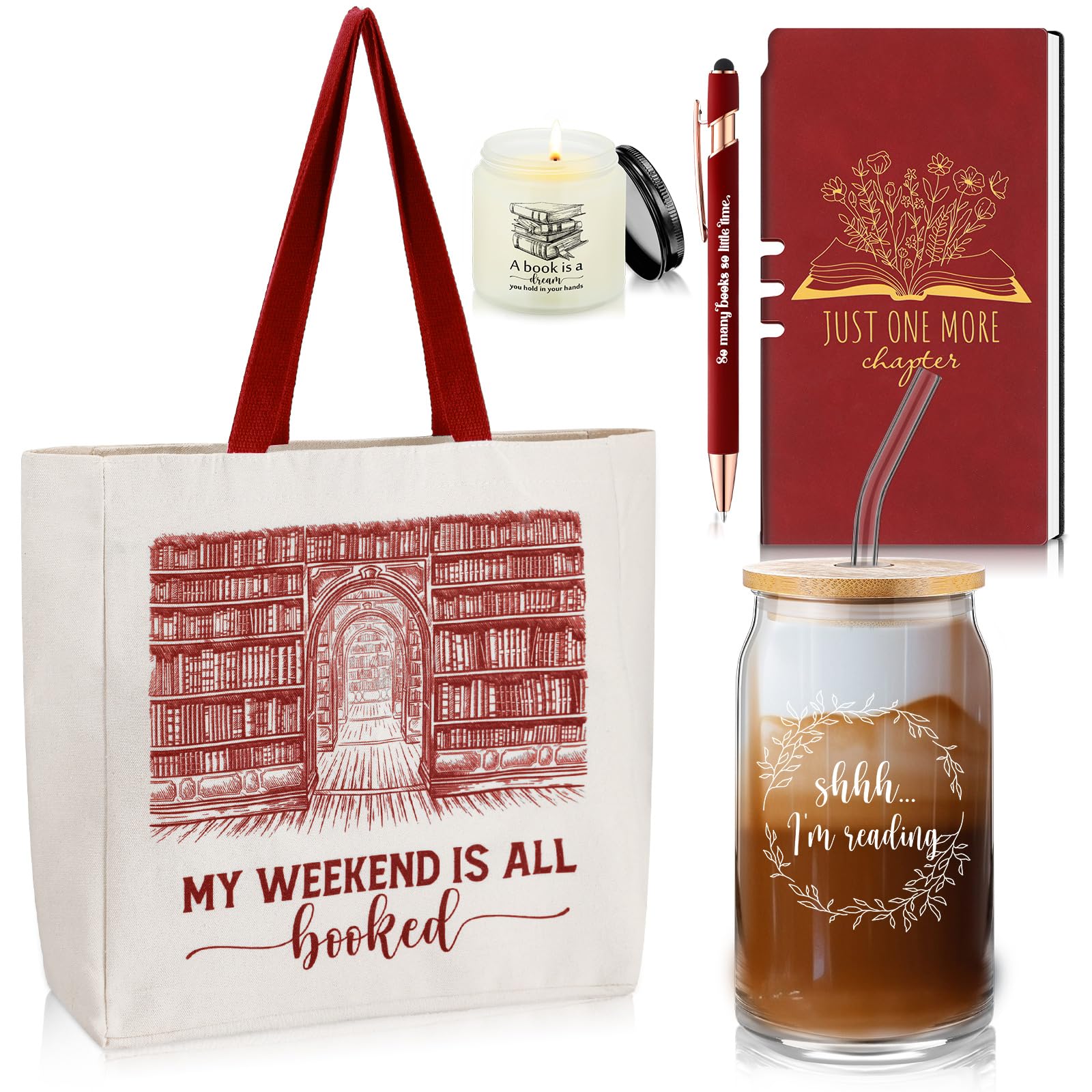 Blushtier Set of 5 Book Lovers Gifts for Women 16oz Drinking Glass Scented Candle Canvas Tote Bag A6 Journal with Ballpoint Pen for Reader Librarian
