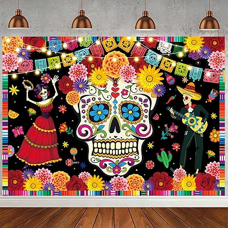 Day of The Dead Backdrop Mexican Fiesta Sugar Skull Flowers Photography Background Día DE Los Muertos Birthday Party Decoration Banner Photo Props (82x59 inch (7x5FT))