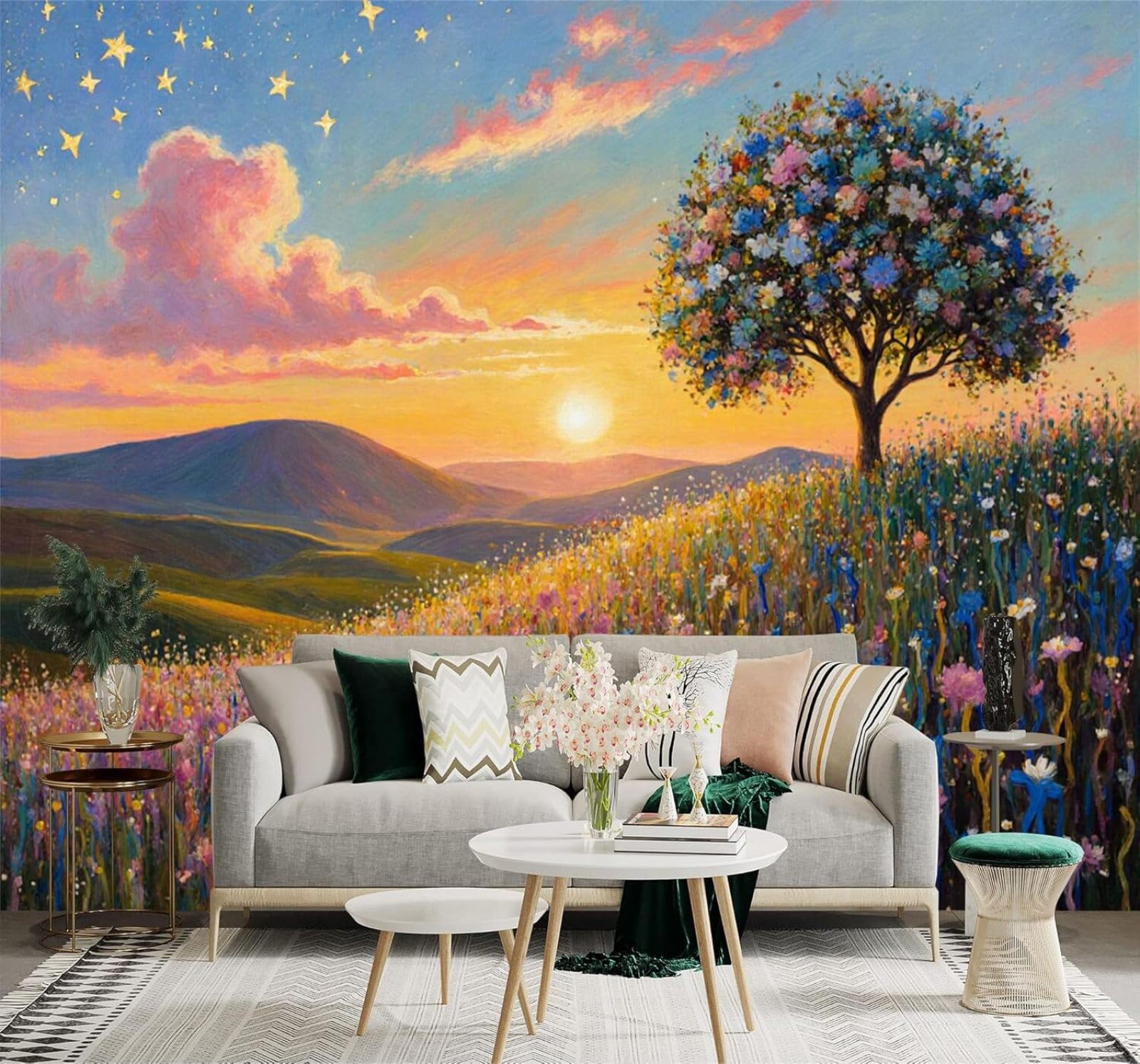 Xlming 300Cm×210Cm(B×H) Sunset Scenery Blossoming Trees Colourful Meadows Starry Sky 3D Wallpaper Premium Textured Silk Study Dining Living Room Bedroom Sofa Tv Wall Easy Install-300Cm×210Cm
