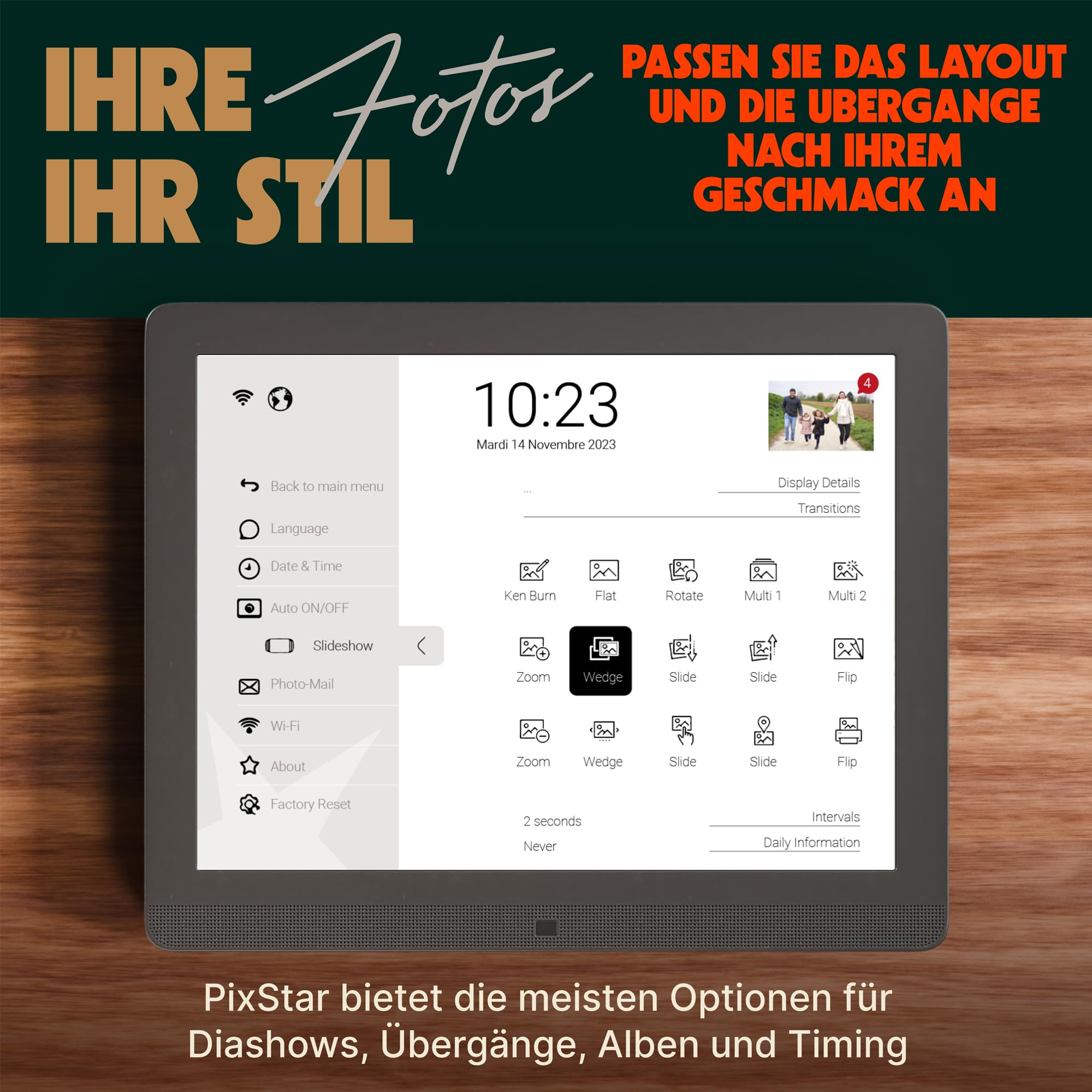 Pix Star - Digitaler Bilderrahmen 15 Zoll mit Bewegungsmelder - Elektronisches Smart Foto/Video-Album - Großes Format mit WiFi, USB, SD Karte - Mattes, Anti-Reflex Dispaly in 4/3-2 Jahre Garantie