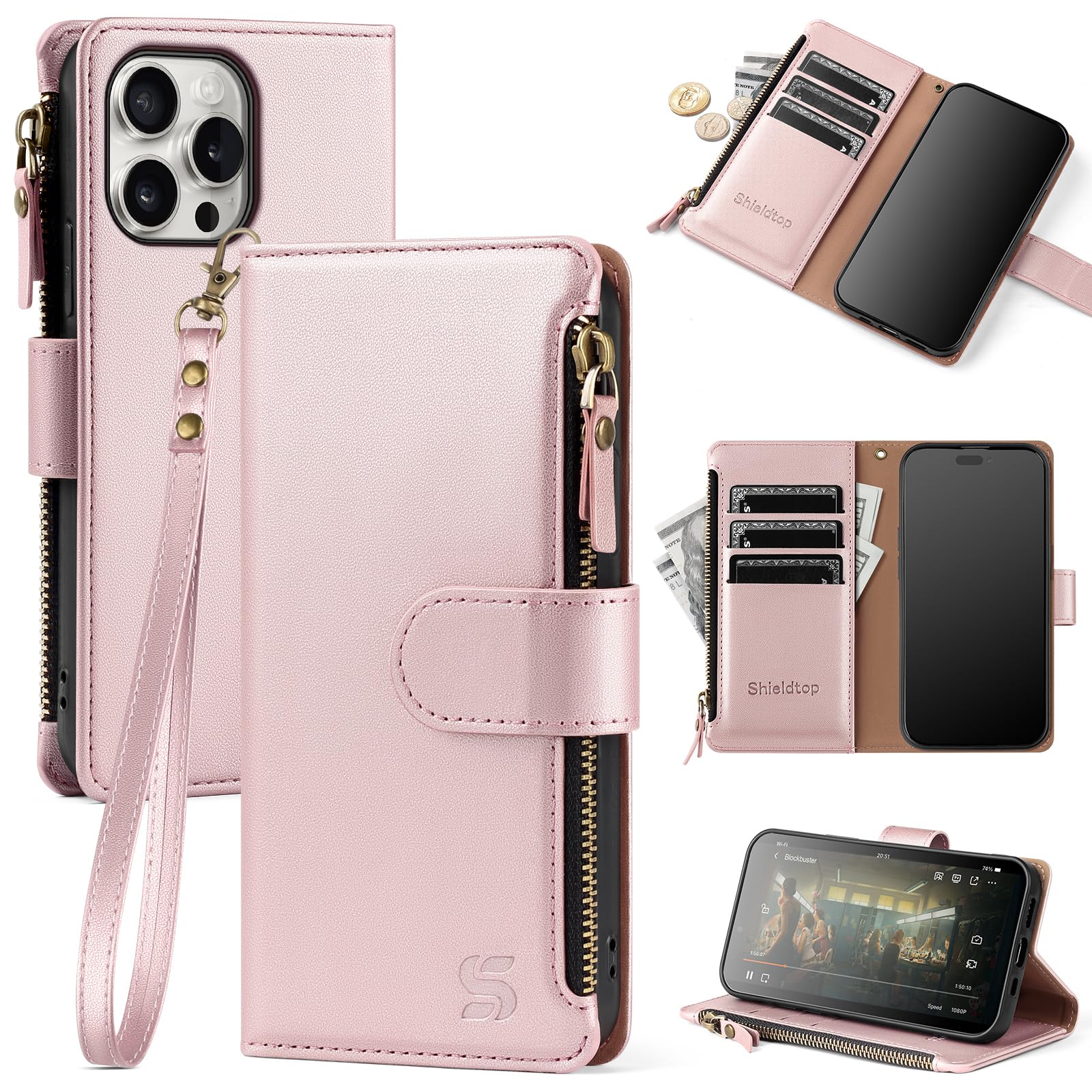 Shieldtop Compatible with iPhone 15 Pro Wallet Case with Card Holder,Women Men RFID Blocking PU Leather Flip Cover Wrist Strap Zipper Credit Card