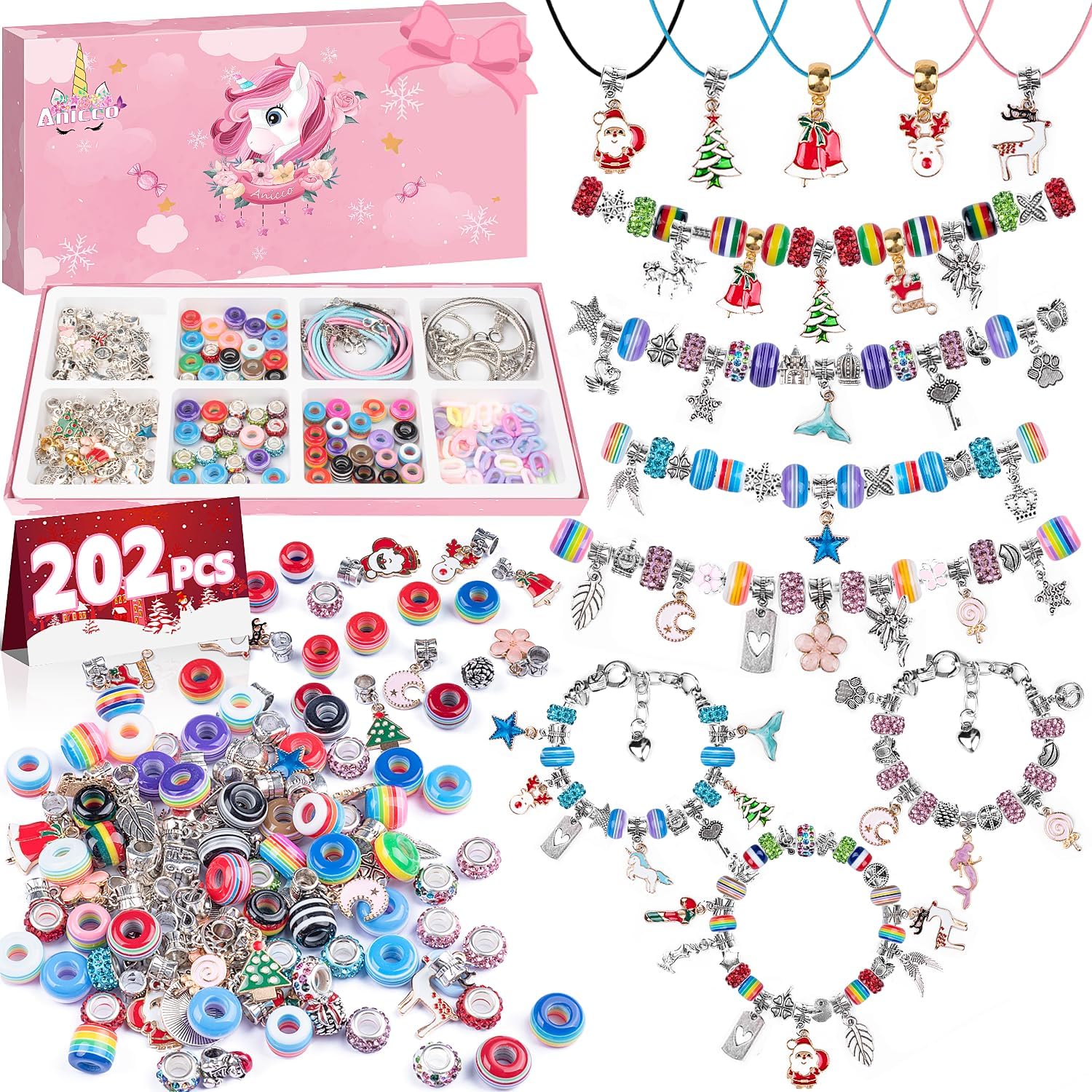 AniccoBracelet Making Kit for Girls,202PCS Charm Bracelet Making Kit with Beads,and Necklace for DIY Craft Gifts for Teen Girls Age 8-12,Christmas Gifts for Girls, with A Unicorn Gift Box