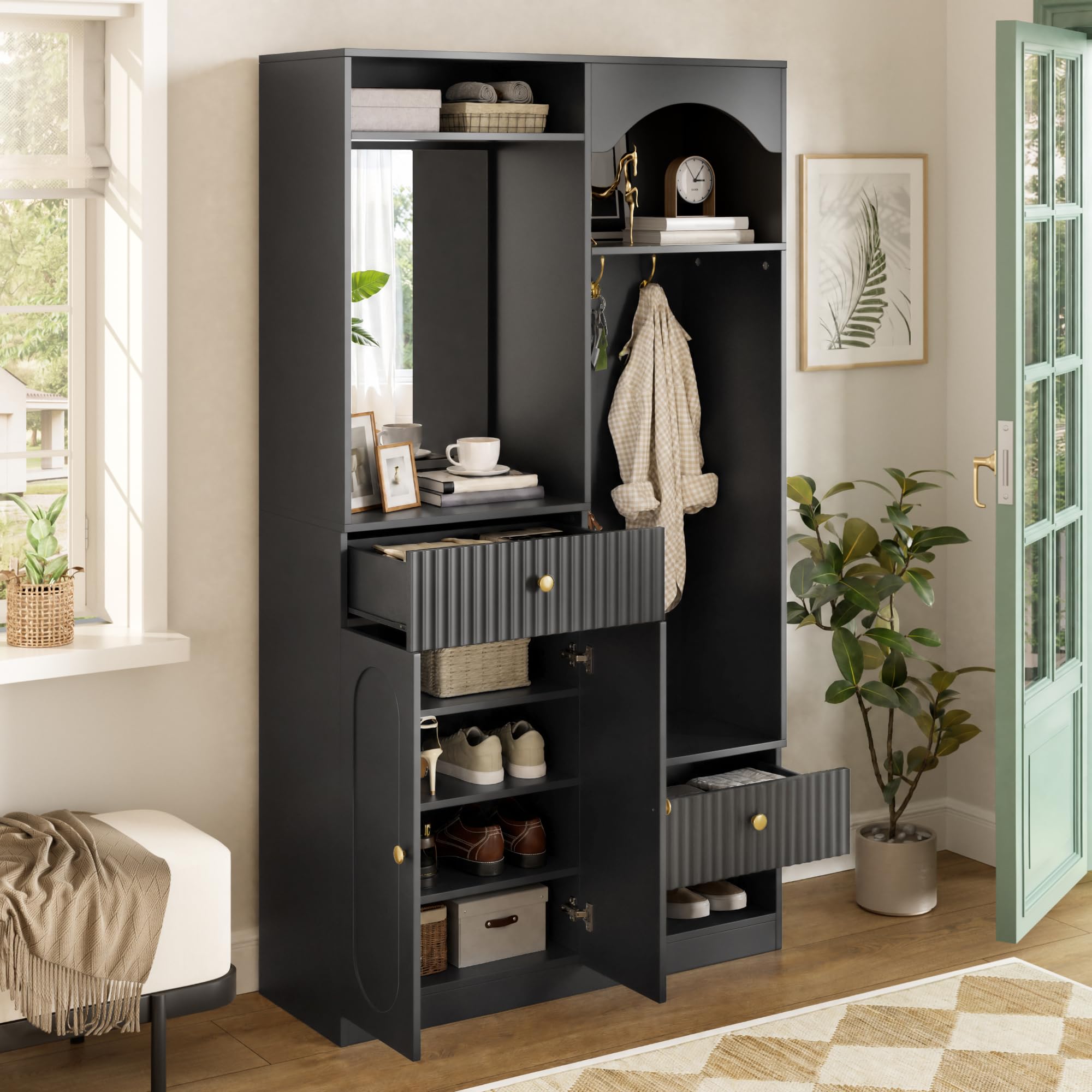 Garderobe Set Garderobenschrank Höhe 180 cm mit LED Licht und Spiegel, Garderobenset Flurgarderoben Set mit Wandgarderobe und Sitzbank, Kompaktgarderobe Flurmöbel mit Haken und 2 Tür, Schwarz