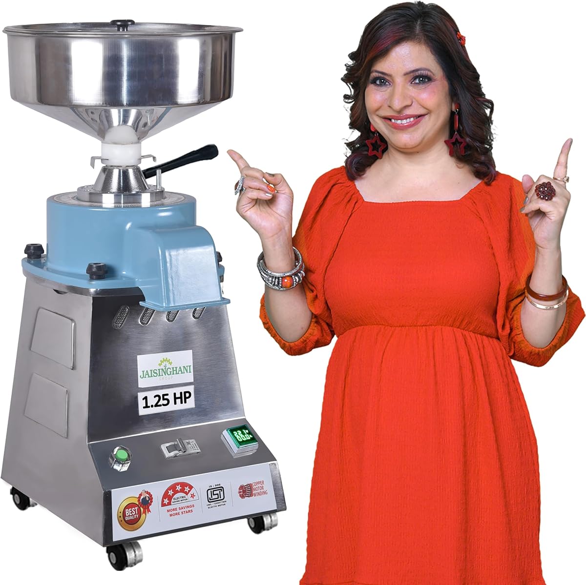 Jaisinghani Group 1.25 Hp Stainless Steel Stone Flour Mill | 8-10 Kg/Hour Grinding Capacity | Traditional Grinding at Home | Fresh Flour Atta Chakki Machine | Energy Saving Square Grain Mill
