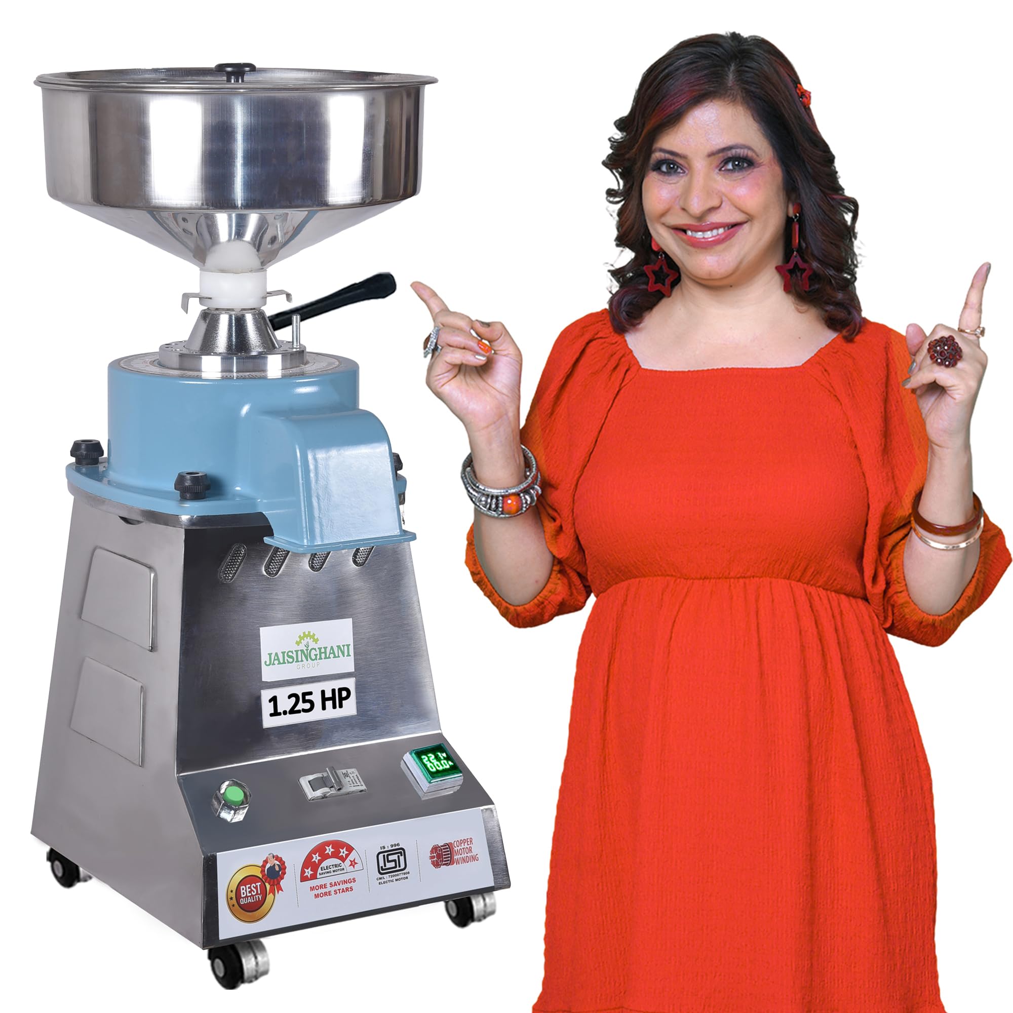 Jaisinghani Group 1.25 Hp Stainless Steel Stone Flour Mill | 8-10 Kg/Hour Grinding Capacity | Traditional Grinding at Home | Fresh Flour Atta Chakki Machine | Energy Saving Square Grain Mill