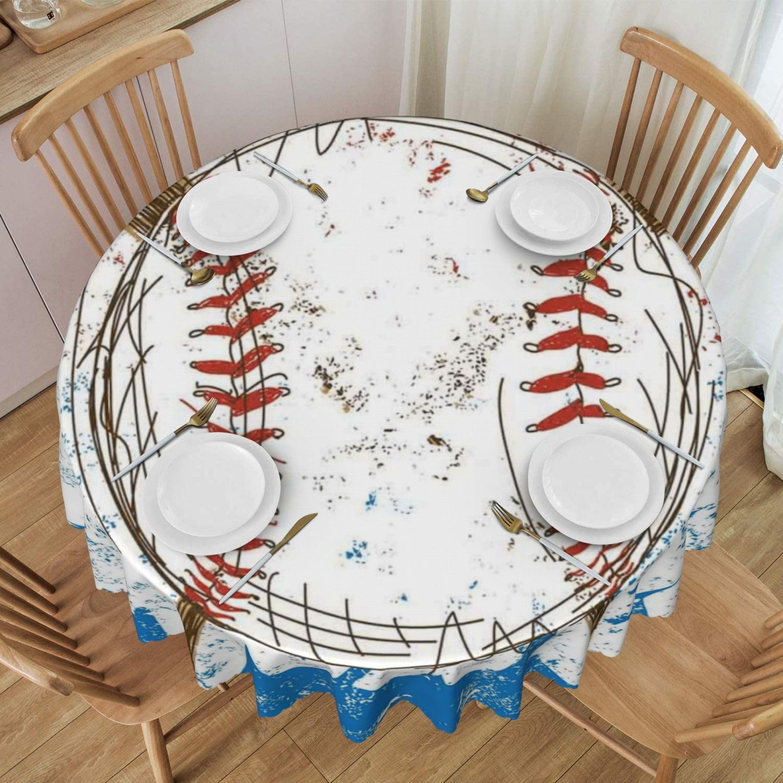 DCEHGEW 60 In Round Tablecloth with Lace, Hand Drawn Baseball Bats and Ball Printed Oilproof & Washable Fabric Picnic Table Cloth Table Covers