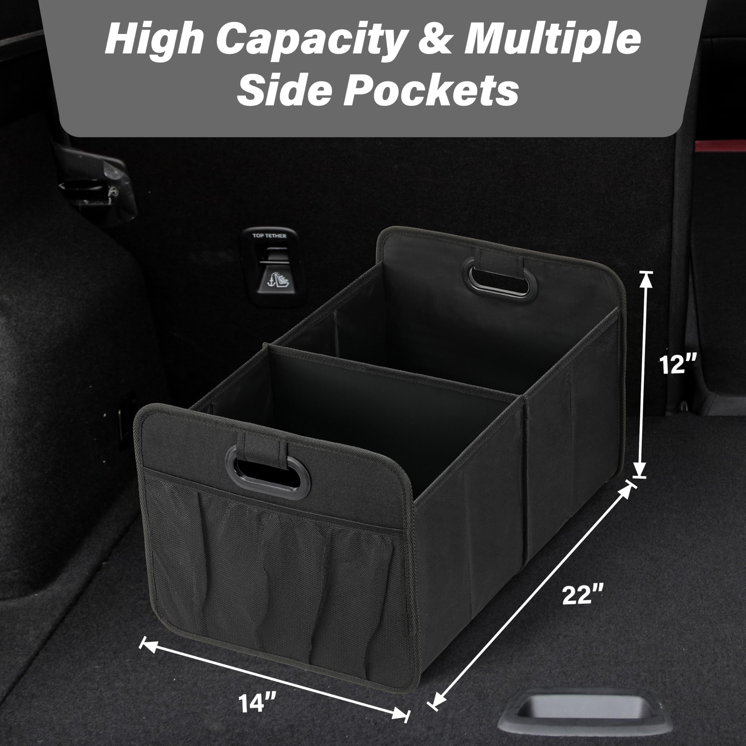 HealSmart Car Trunk Organizer, Foldable 2 Compartment Automotive Storage Accessories with 50L Capacity, 600D Waterproof Oxford Polyester, Non Slip Bottom, Black