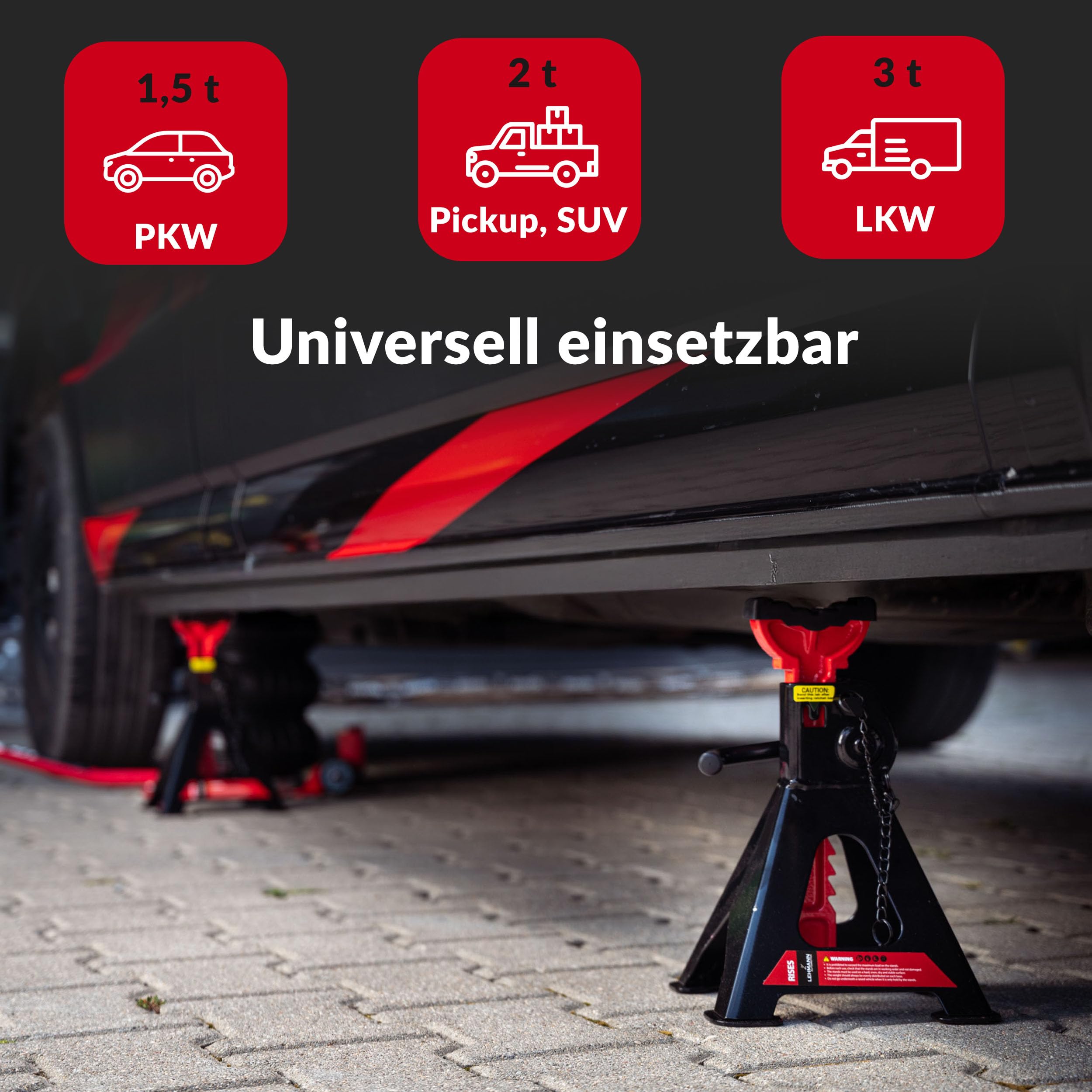 LEHMANN Unterstellbock 3T x2, Unterstellböcke 2er Set, Höhenverstellbar 300mm-430mm - Stützböcke mit Gummiauflage, KFZ Böcke für PKW, SUV & Kleintransporter bis 3000 kg
