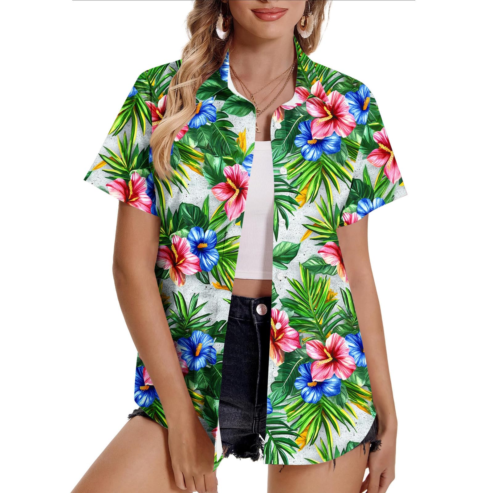 Women Hawaiian Shirts Plus Size Soft Cool Floral Tropic Print Hawaii Shirt V Neck Short Sleeve Button Down Oversized T-Shirt Summer Beach Vacation Outfits Blouse Tunic Tops Ladies UK Sale