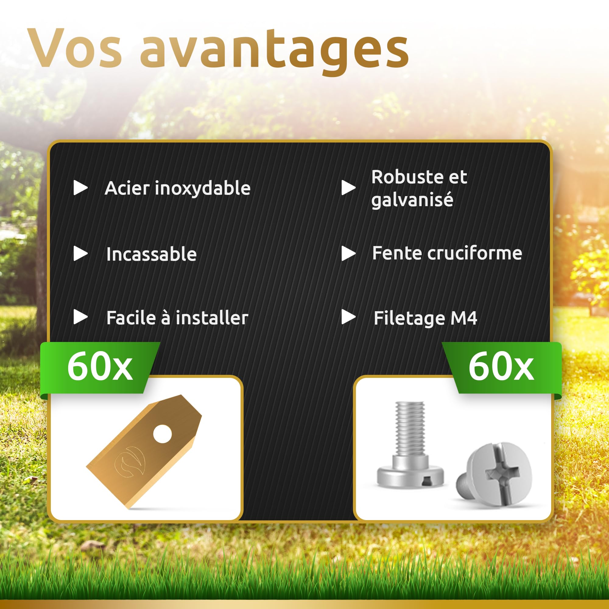 ECENCE 60 Lames Robot Tondeuse avec revêtement en Titane, vis incluses - compatibles avec Husqvarna Automower, Gardena, McCulloch Rob, Flymo, Yardforce, Lames de Rechange