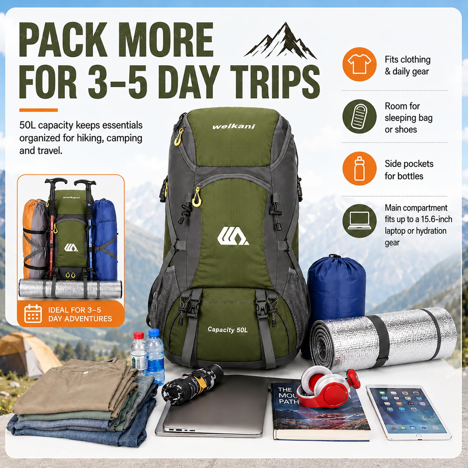 50L Hiking Backpack with Rain Cover Waterproof Lightweight Camping Daypack Walking Rucksack Outdoor Sports Trekking Climbing Skiing Travel Bag