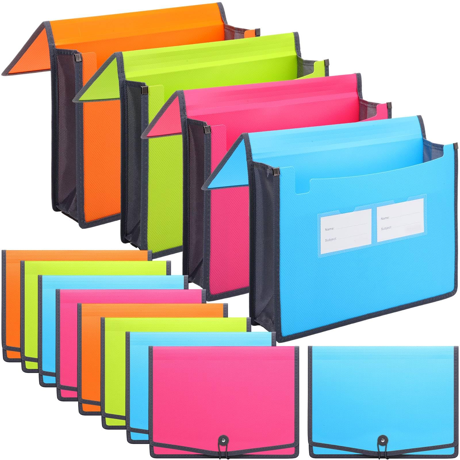Fuyoooo Confezione da 12 cartelle portadocumenti espandibili in plastica, 8,9 cm, formato A4, formato lettera, colorate, con cordino elastico e chiusura a bottone, per casa, ufficio, organizzazione