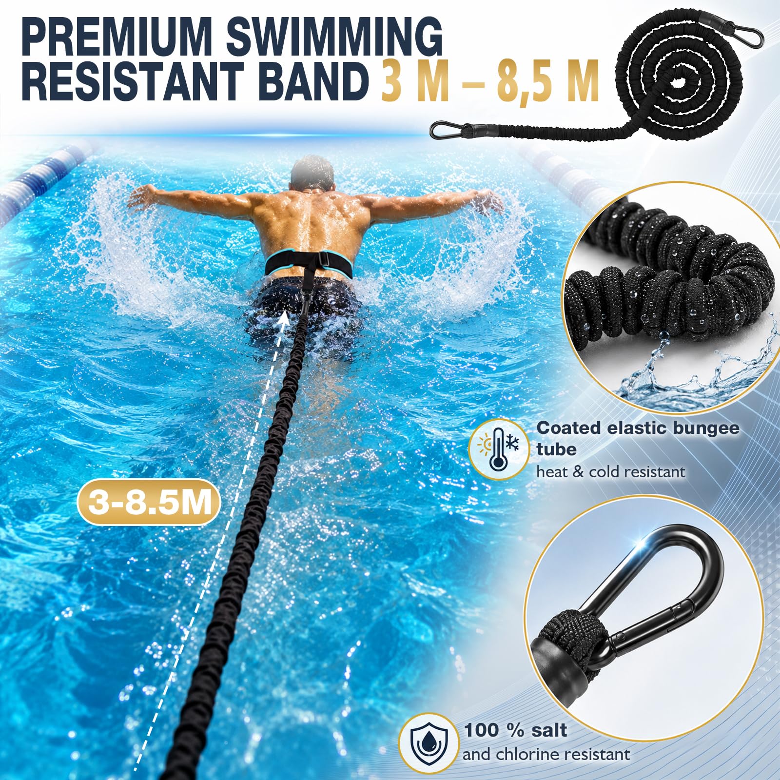 2026 Cinturón de Natación Piscinas, Cinturones MagnéTicos de Natación para Adultos de 4-10 M, Cinturón EláStico de Resistencia AcuáTica Ajustable para Entrenamiento de Natación