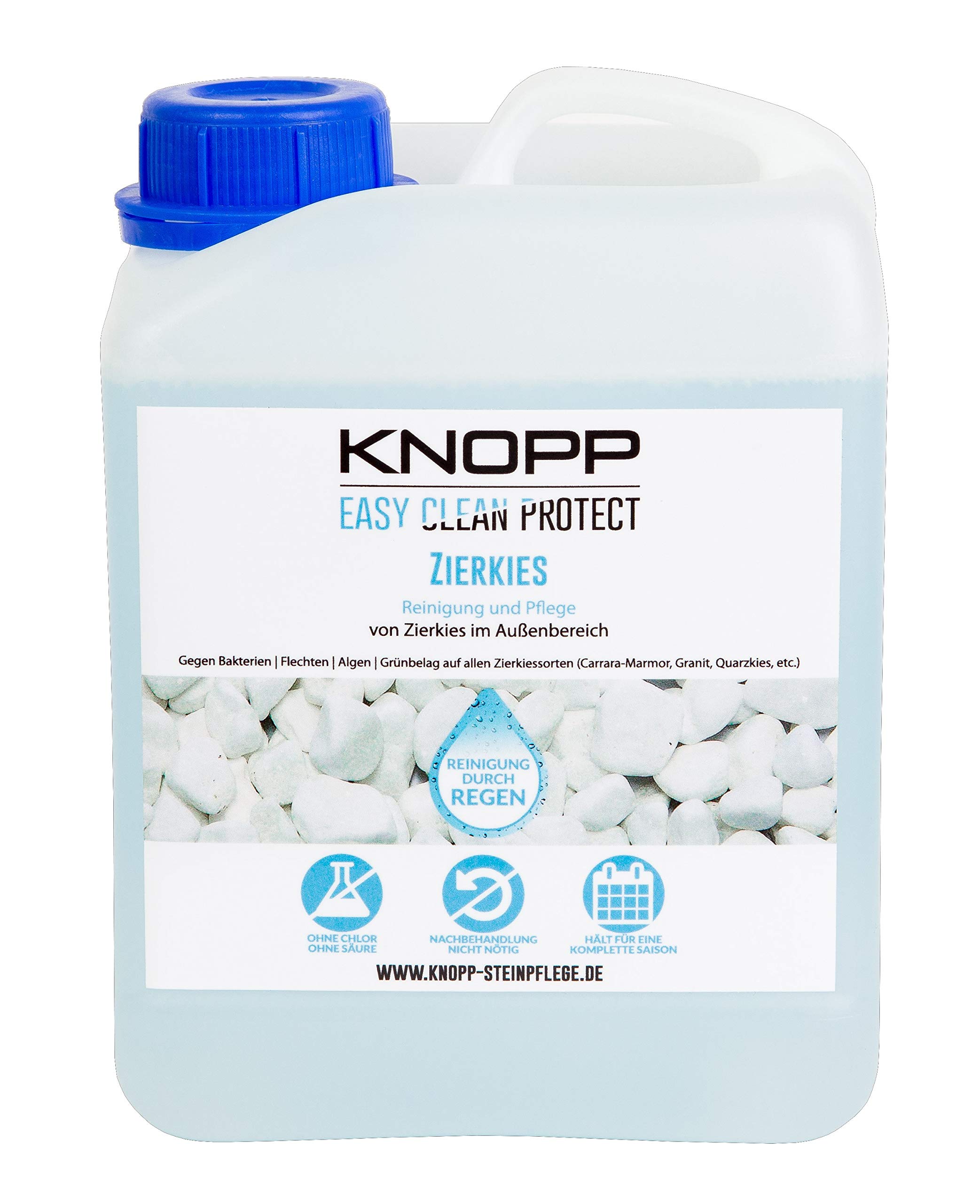 KNOPP Zierkiesreiniger, Zierkiesreinigung + Versiegelung, Flechtenentferner, Grünbelagentferner, Algenvernichter, gebrauchsfertig, 2l Nachfüllpack