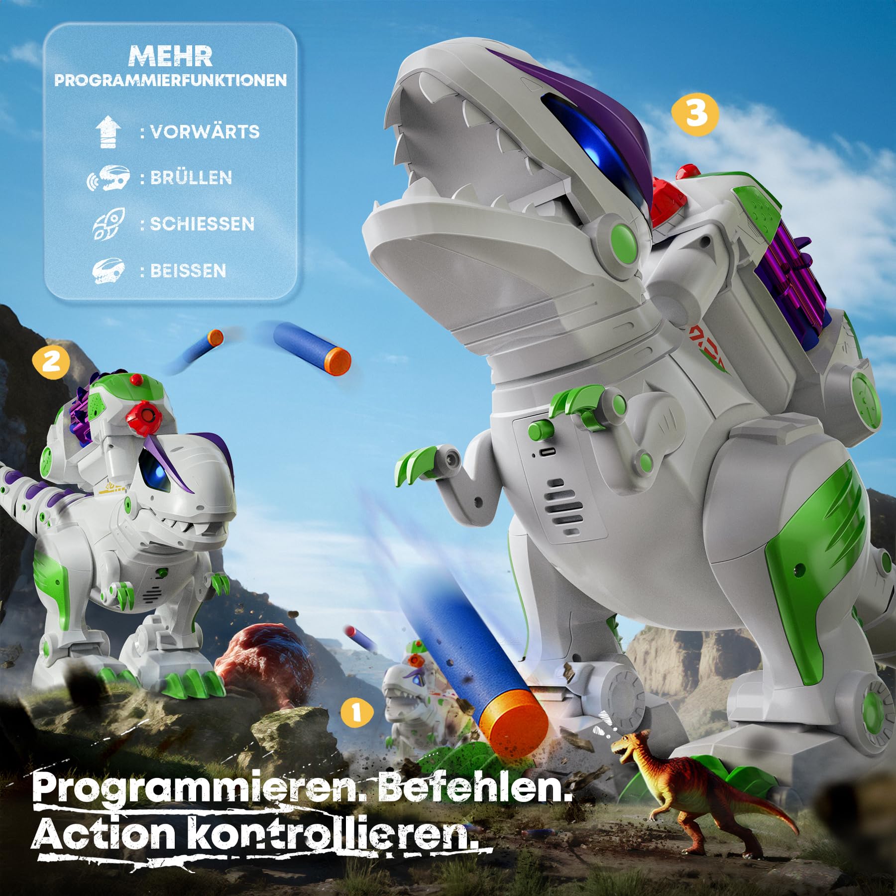 Ruko 8809 Ferngesteuerter Dinosaurier T-Rex für Kinder, großer wiederaufladbarer RC Dino mit Programmierfunktion, Gehen, Brüllen, LED-Augen & Dart-Schuss, Spielzeug ab 3 Jahren, Grün