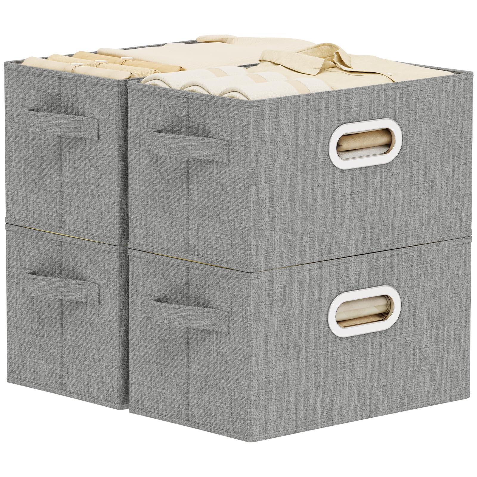 Caja de Almacenamiento con Manija Metálica,38x25x25cm,Gris,4 Piezas | Cesta de Almacenaje con Placa de Soporte PP,Organizador de escritorio con Mango,Lavable Caja para Armario Abatible de Tejidos