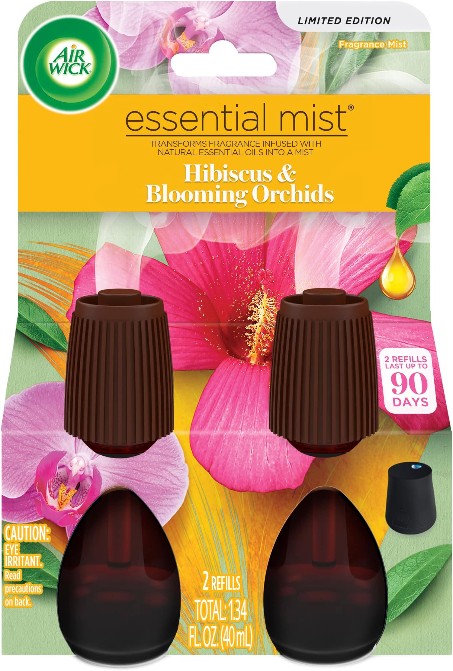 Essential Mist Refill, 2 ct, Hibiscus & Blooming Orchids, Essential Oils Diffuser, Air Freshener, White, 1.34 Fl Oz