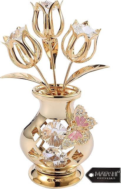 Matashi Beautifully Crafted Tulips In A Vase Table Top Ornament Dipped In 24k Gold Plating Made with Genuine Crystals (Butterfly, Clear Crystal)
