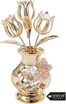 Matashi 24K Gold Plated Crystal Flower Figurine with Clear Crystals & Butterfly Luxury Decorative Tulip Statue, Elegant Tabletop Home Decor, for Mothers Day, Valentines Day, Christmas