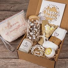 Birthday Gifts for Women, Birthday Gift Basket with Glass Cup, Happy Birthday Gift Box for Women Teen Girl, Gifts for Sister Daughter Best Friend, Self Care Gift Set, White Daisy