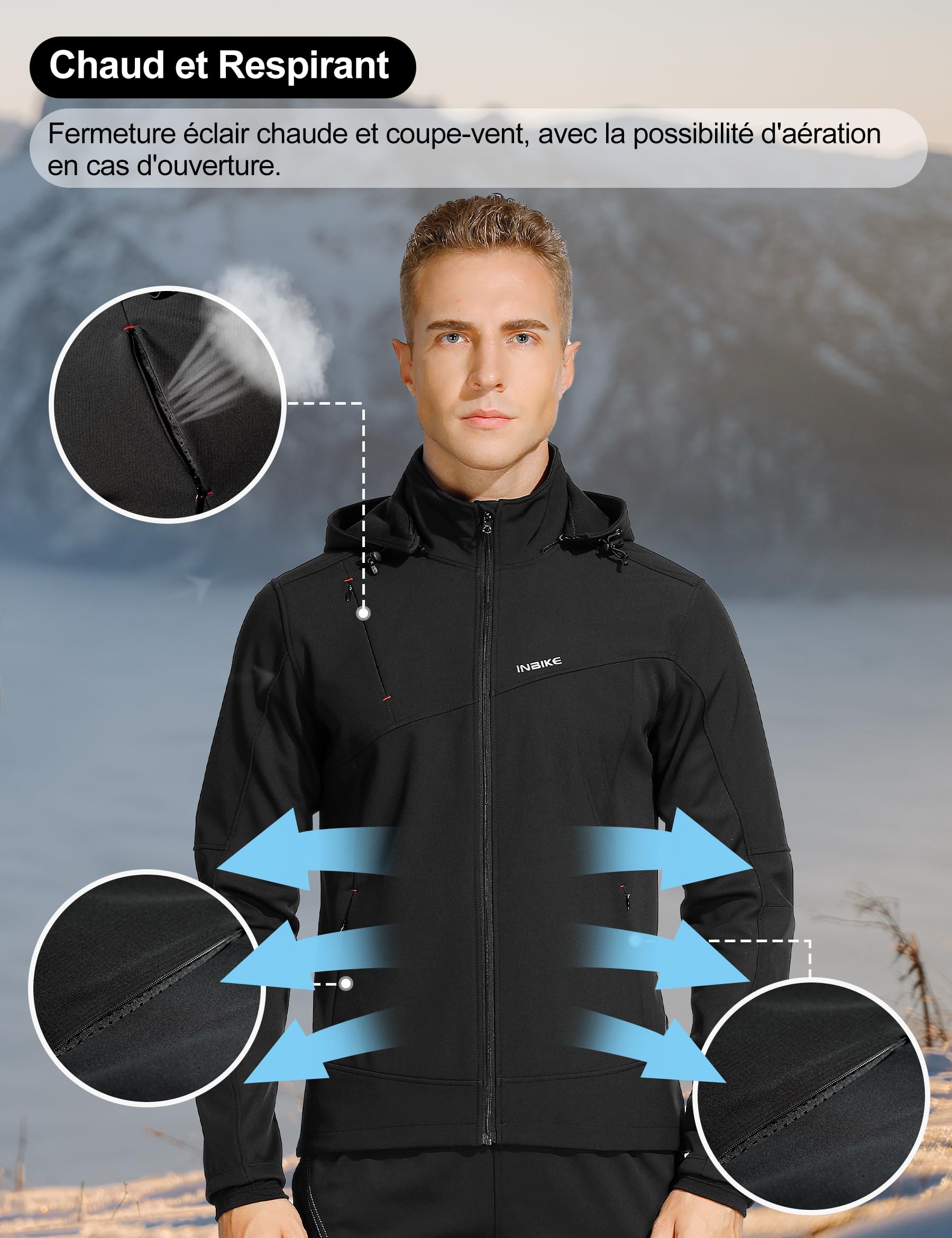INBIKE Veste Softshell Homme Hiver Polaire Extérieure à Capuche Coupe Vent Blouson Chaud Outdoor Randonnée Velo VTT Jogging Sport de Plein Air 7103