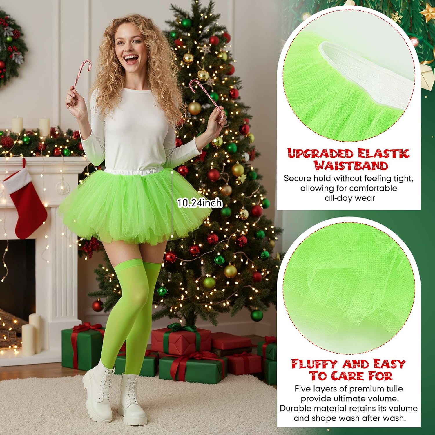 Shihanee 3 Pcs Green Costumes Accessory Furry Green Hair Bow Clips Layered Tutu Skirt Sock Dressing Props for Birthday Funny Cosplay Costume - Image 2