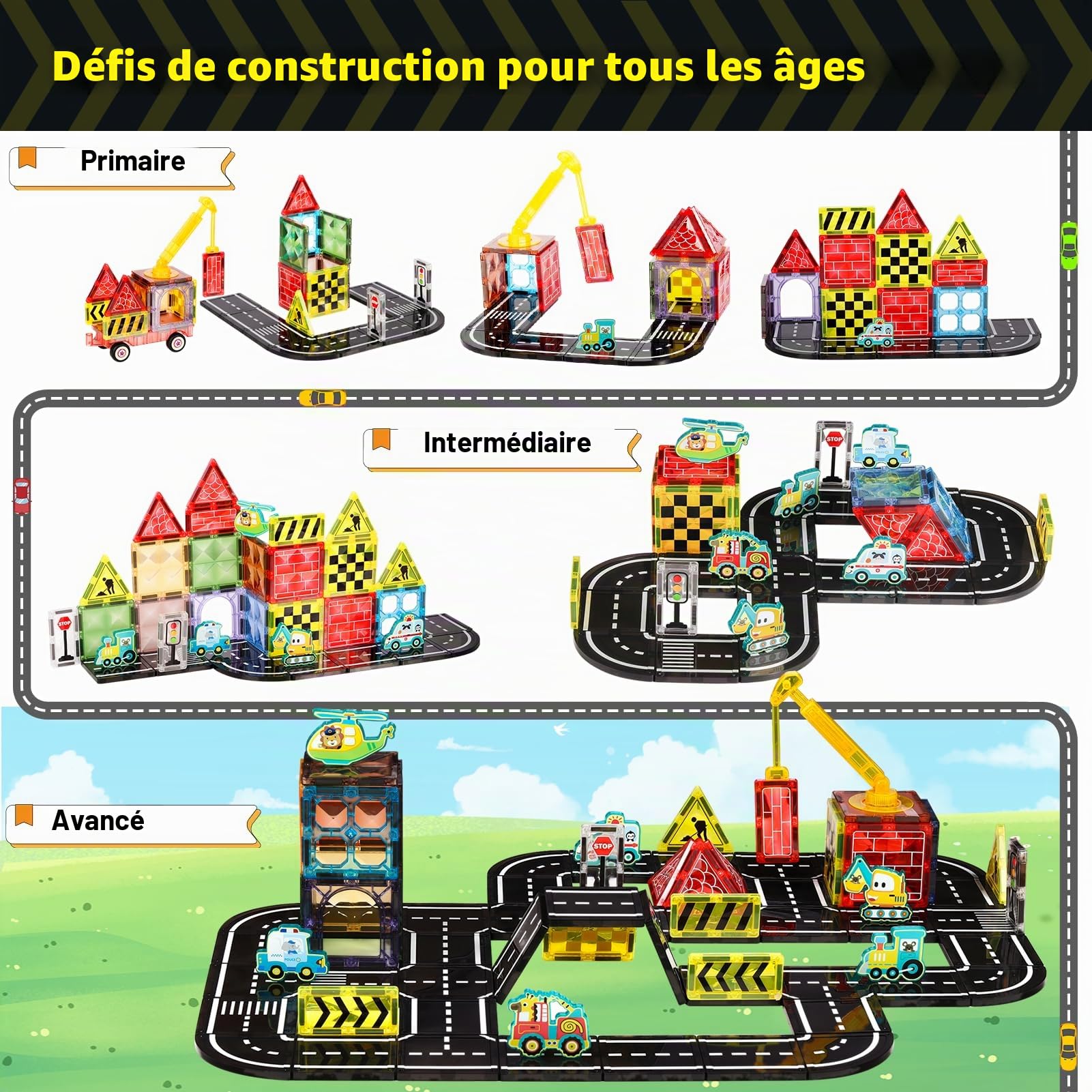 Construction Magnetique Enfant, Set Route Tuiles Magnétiques 80 Pièces avec Voiture, Grandes Tuiles 7.5cm, Jeu de Construction Magnétique STEM, Cadeau Éducatif Enfant 3-12 Ans