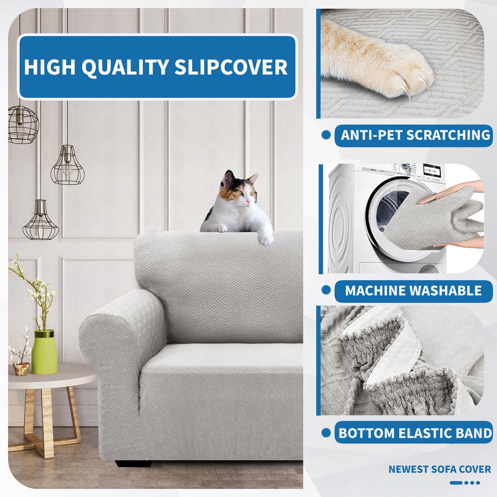XINEAGE Copridivano 3 Posti Elasticizzato, Fodere Copridivano con Braccioli per Il Soggiorno, 1 Pezzo Copridivani Universale, Copri Divani Antiscivolo per Cani, Animali Domestici, Grigio Argento