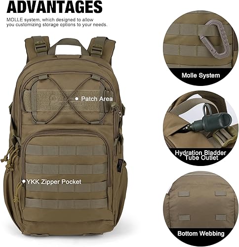 Vista 3 de Mardingtop - Mochila táctica Molle de 28L para senderismo, camping, Caqui, Táctica