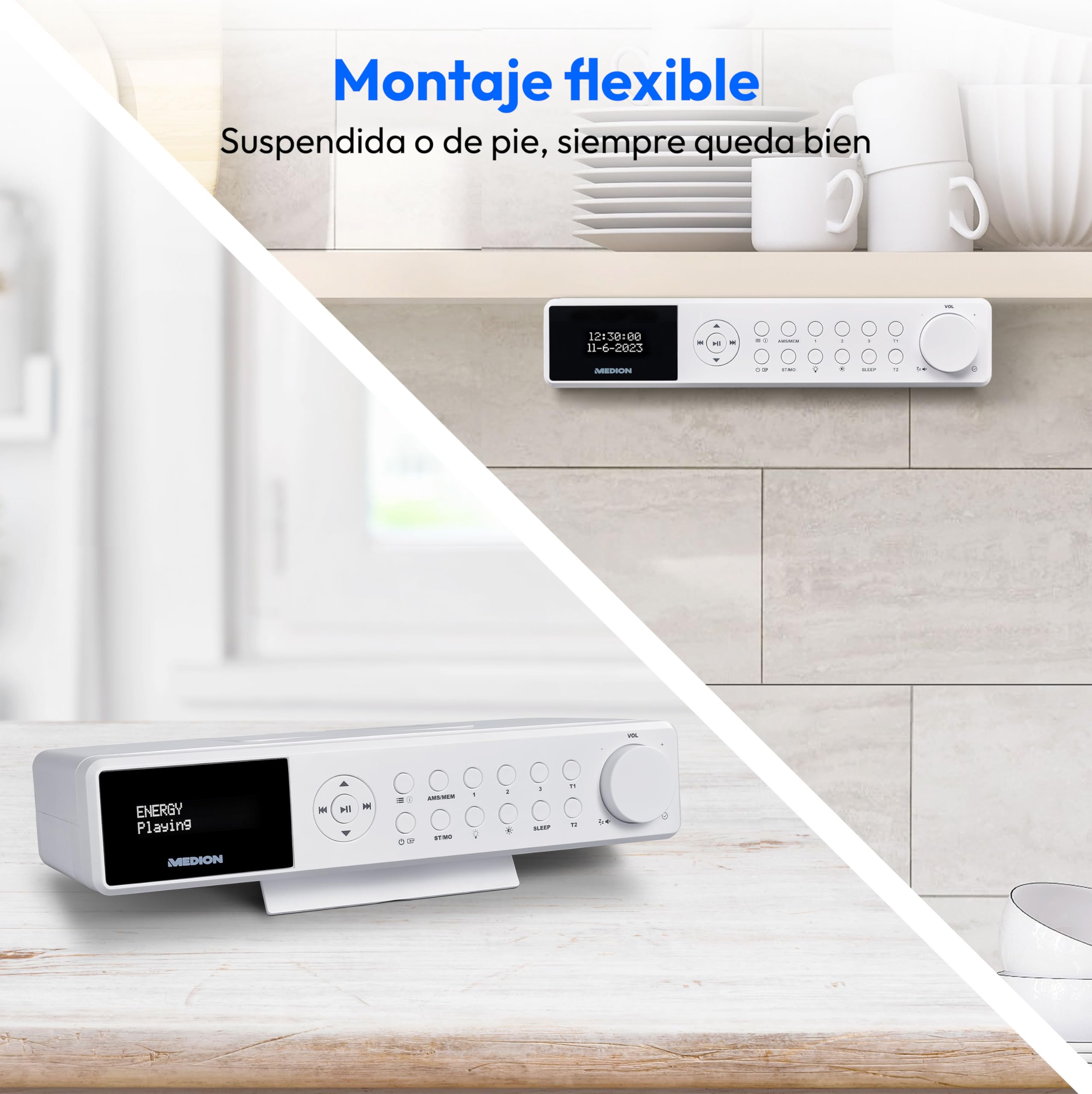 Radio de Cocina para Montaje Empotrado MEDION E6660 (Radio de Cocina Dab+, Radio FM PLL, Bluetooth, Tira de Luces led, Montaje Empotrado, Temporizador de cocción, Pantalla de Reloj) Blanca