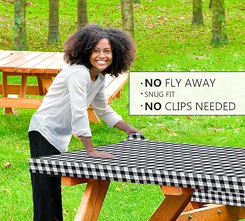 Miniatura 2 de LINPRO Funda de mesa de picnic de 6 pies con fundas de banco, fundas de mesa de picnic ajustadas con elástico impermeable, a cuadros, mantel de