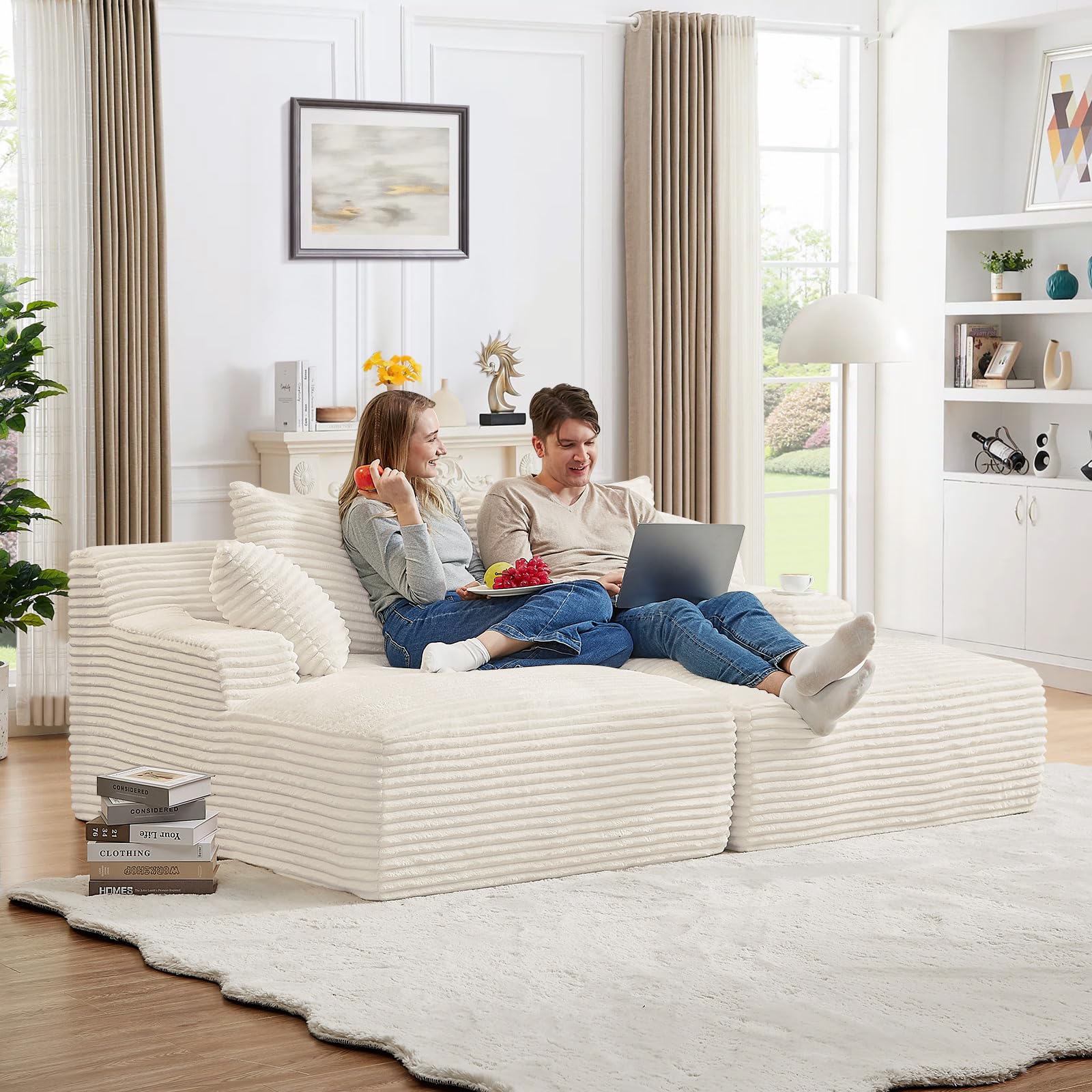 Oversized Chaise Lounge Chair Indoor,78.7" W Upholstered Corduroy Cloud Sofa Boneless Couch,Modern Deep Seat Comfy Sofa Chair,Loveseat Sleeper Couch Bed for Livingroom,Bedroom,No Assembly(White)