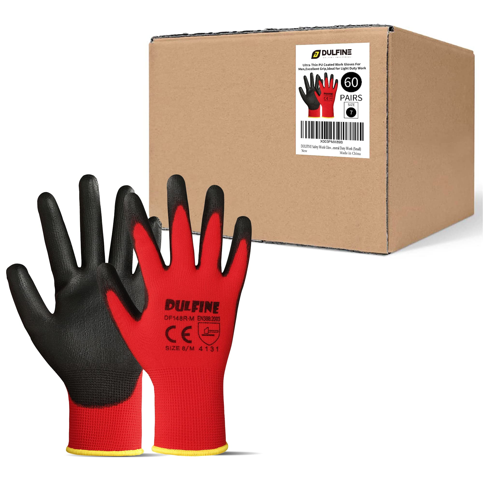DULFINE Safety Work Gloves PU Coated-60 Pairs,Red Seamless Knit Glove with Polyurethane Coated Smooth Grip on Palm & Fingers, for Men and Women, Ideal