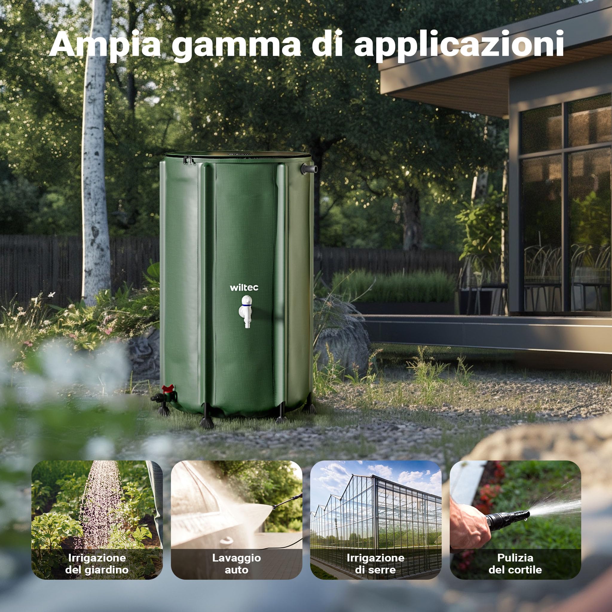 Wiltec Serbatoio acqua piovana pieghevole da 250 l, con coperchio e rubinetto, contenitore raccolta acqua piovana in PVC da 620 g/m² con attacco per tubo