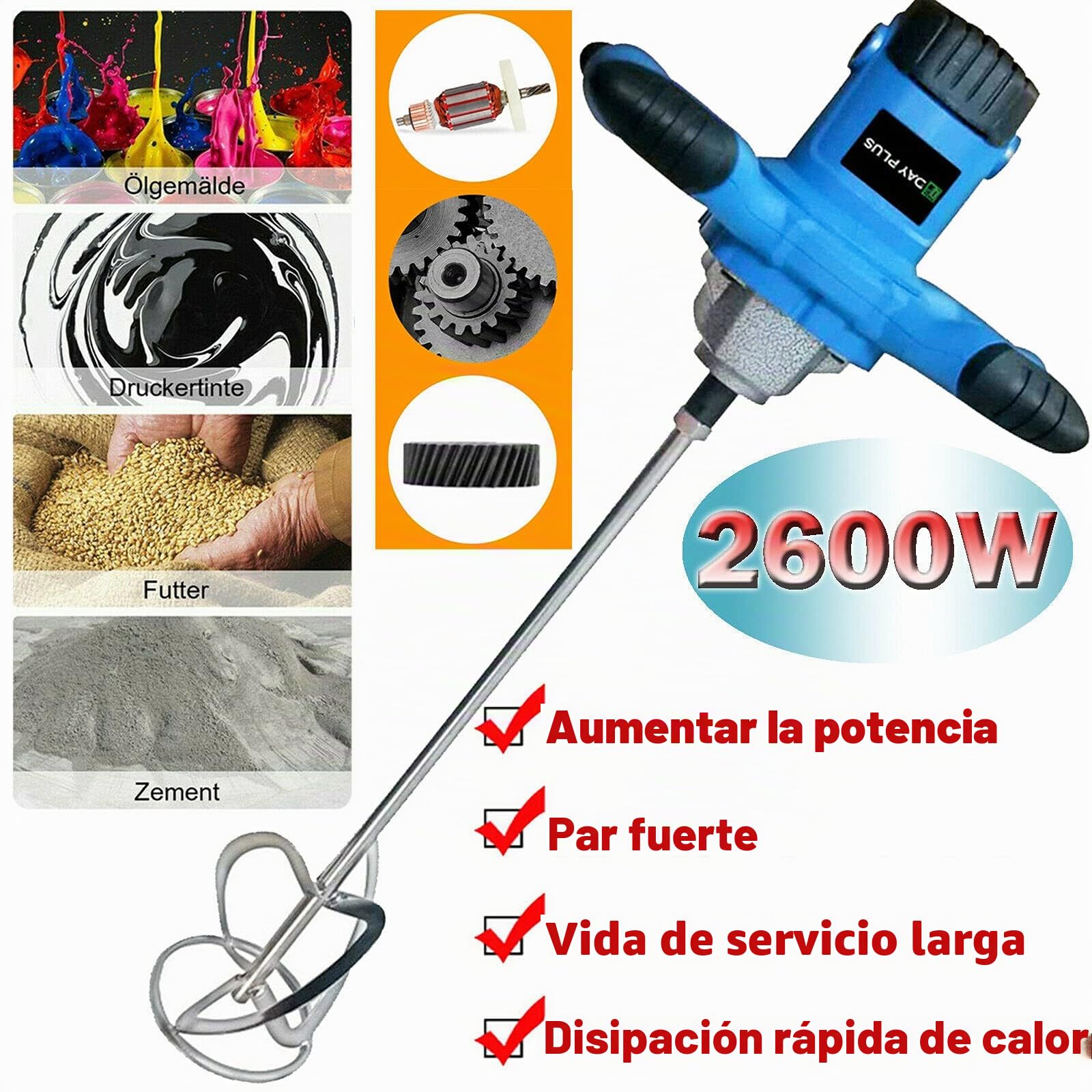 Mezclador de hormigón de 2600 W con regulación de velocidad de 6 velocidades y interruptor bloqueable, incluye agitador de 120 mm de diámetro, para pintura, yeso y pavimento, batidor de mortero