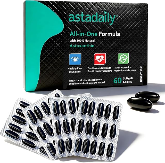All-In-One Natural Astaxanthin Supplement Canada 60 Softgels | Blister Pack, 9-in-1 Formula: 6mg Natural Astaxanthin, Fish Oil, Lutein & More, Powerful Antioxidant for Skin & Eye Health