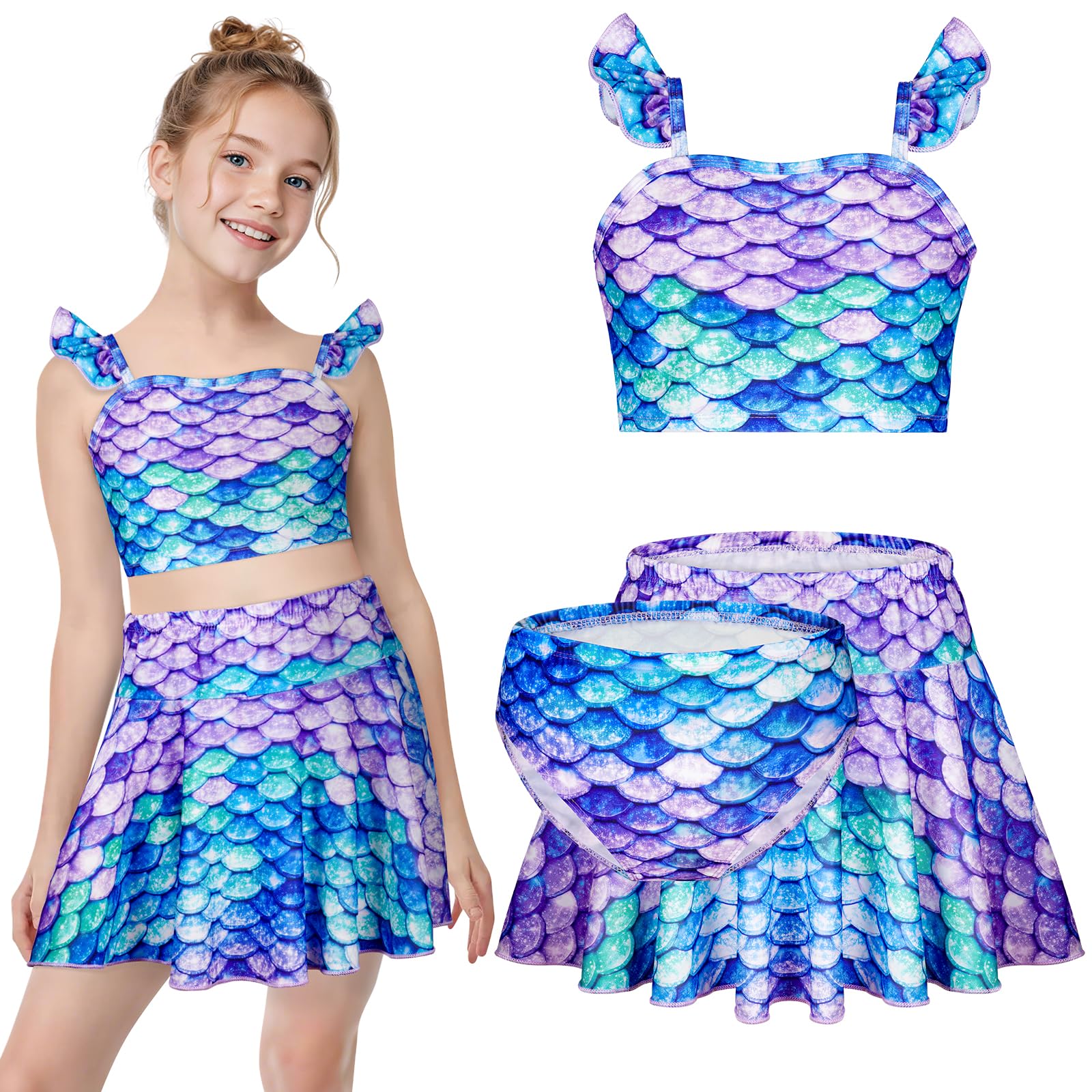 Conjunto de Bikini para Niñas, 3 Piezas Traje de Baño, Bañador para niña y niños, Traje de baño bikini niña con Volantes y Falda, Bañador Infantil para Playa Surf, Vacaciones, Juegos La Playa