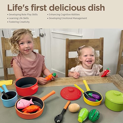 Miniatura 6 de GILOBABY Juego de accesorios de cocina para juegos de simulación juguetes de cocina para niños con comida y verduras juego de ollas y sartenes