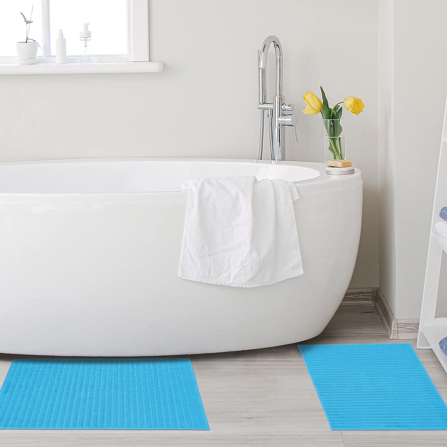 Superior Striped Bath Mat 2-Pack, 100% Combed Cotton, Luxury Spa Ribbed Texture, Durable and Washable Bathroom Mats - Aster Blue, 22" x 35" each image 5