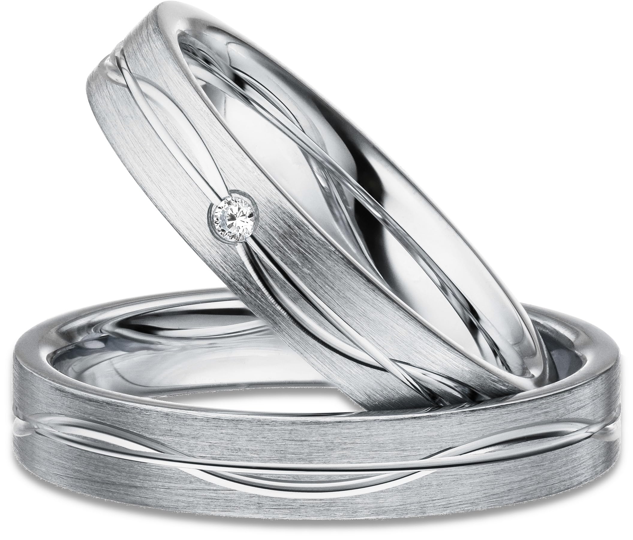 Kolibri Rings Eheringe Set 925 Silber, rhodiniert mit wellenförmiger Glanzfuge | Partnerringe, Trauringe Paarpreis Made in Germany mit Zirkonia + Gratis Gravur & Etui