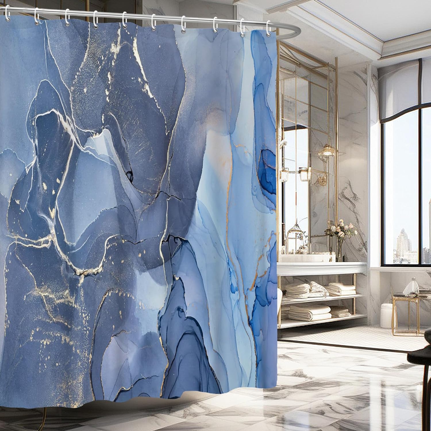 Yanutan Blue Marble Shower Curtain, Blue Modern Abstract Shower Curtain